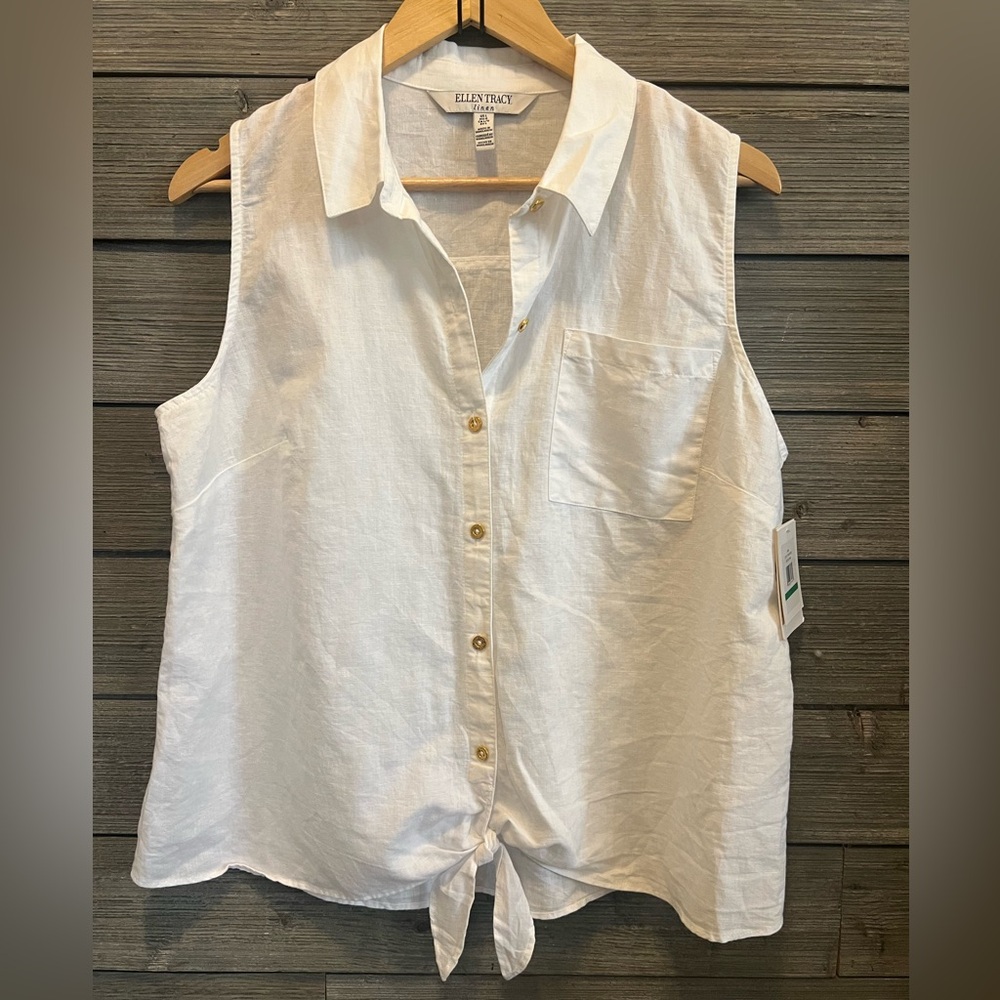 Ellen Tracy White Sleeveless Tie-Front Button Down Shirt